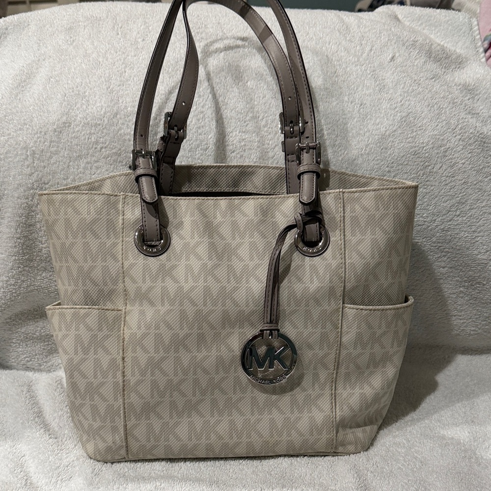 Michael Kors Taupe Beige Signature Tote with MK Charm
